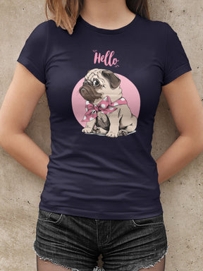 Woman's Blue Hello Pug Printed T-shirt