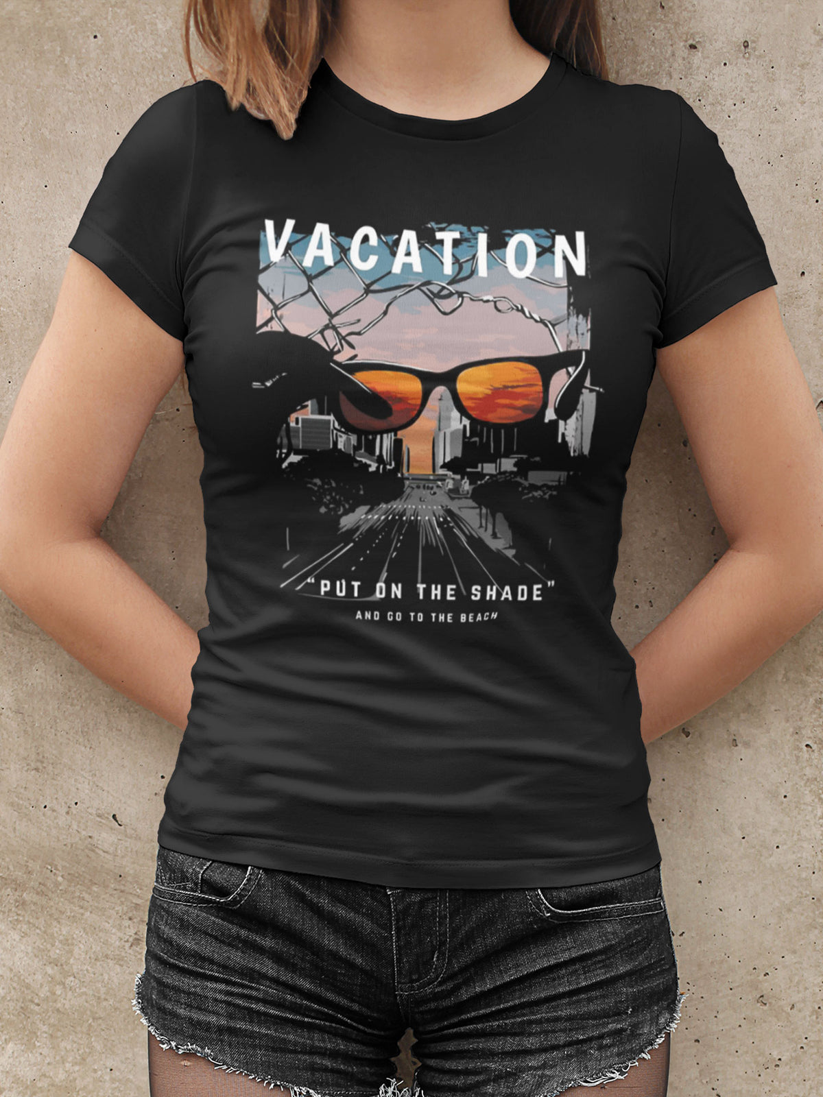 Woman's Black Vacation Printed T-shirt