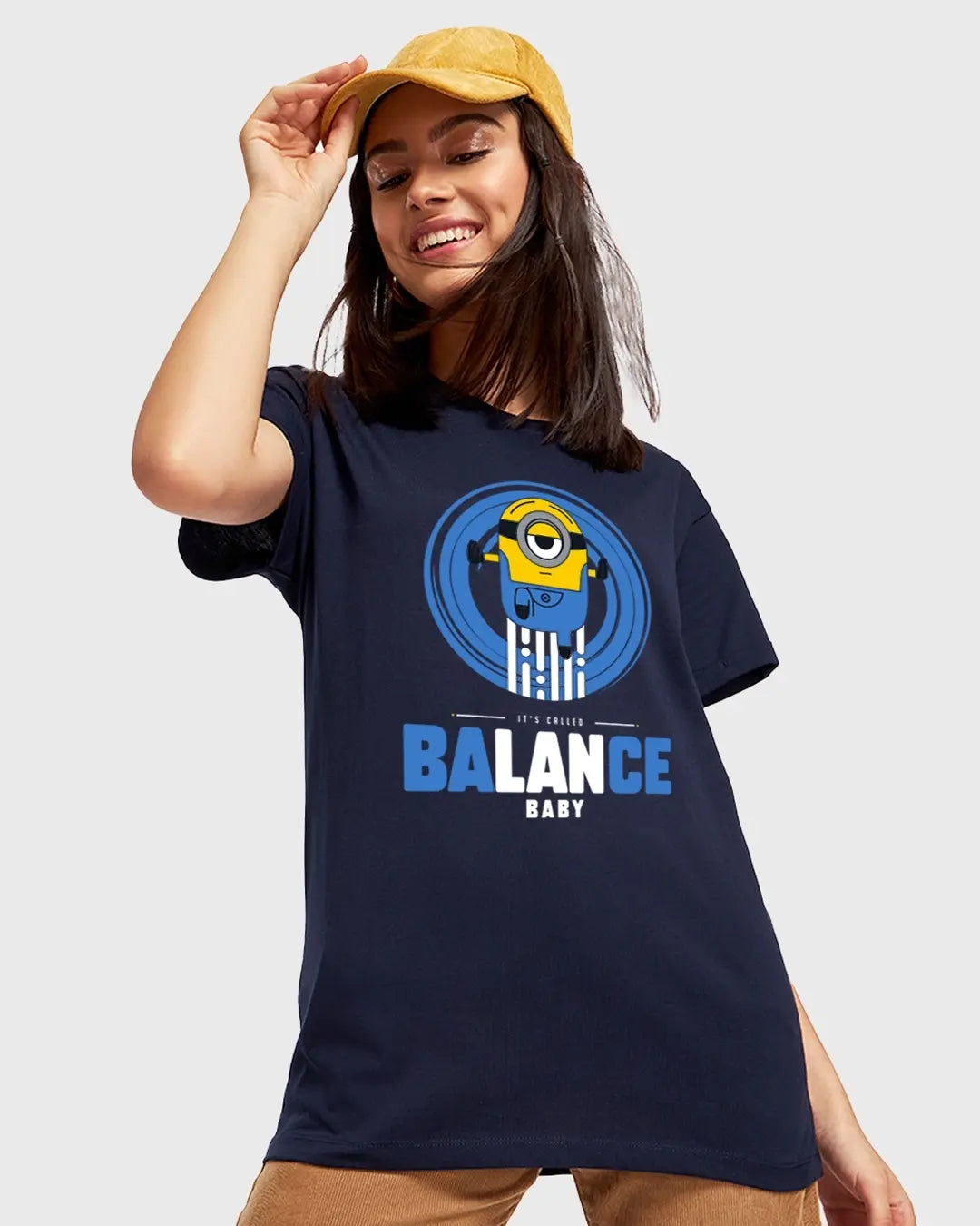 Women's Navy Blue Balance Baby Graphic Printed Boyfriend T-shirt