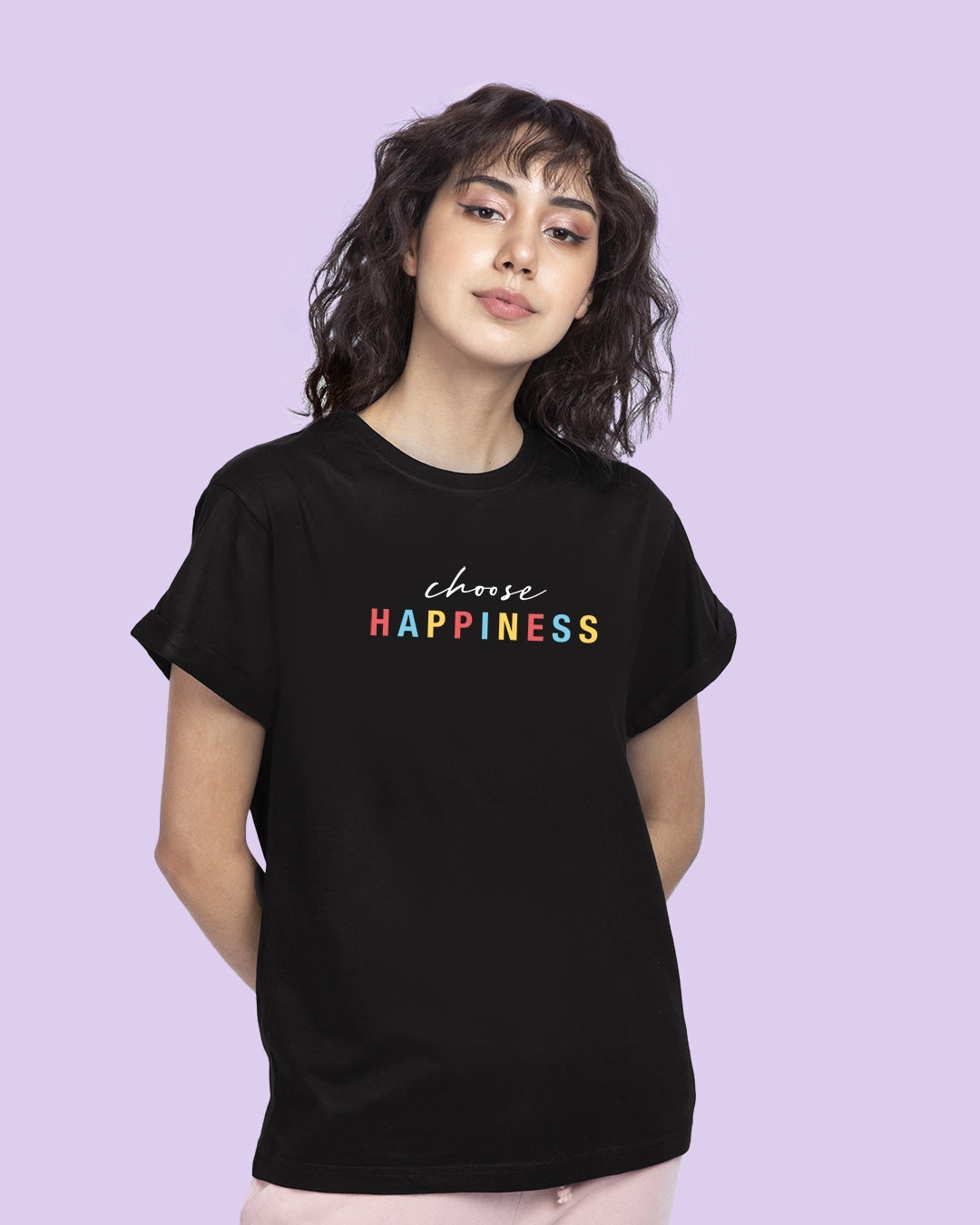 Woman's Black Happiness Printed Boyfriend T-shirt