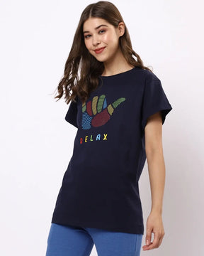 Woman's Blue Relax Printed Boyfriend Fit T-shirt