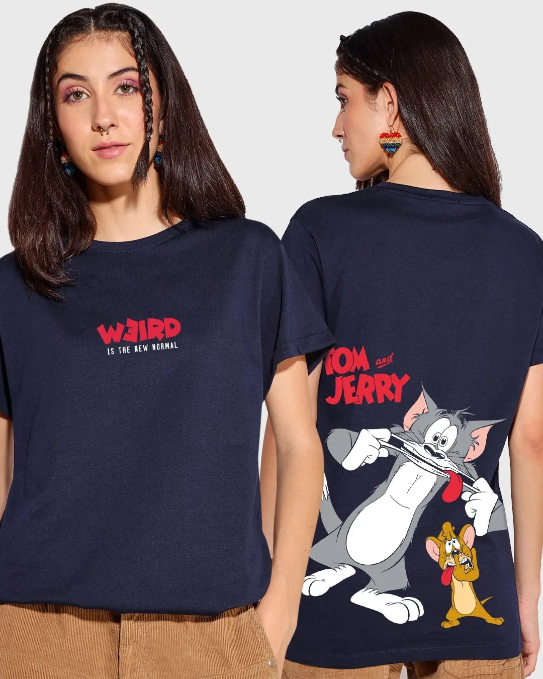 Woman's Blue Weird Tom N Jerry Printed Boyfriend T-shirt